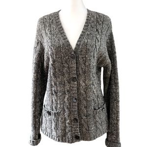 LAUREN RALPH LAUREN 100% Wool Cable Knit V-Neck Cardigan Sweater, Grey Size Lg